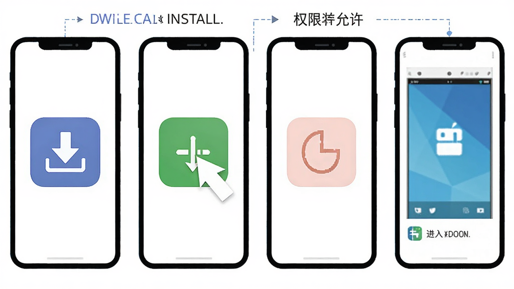 香克拉手机安装步骤示意图,展示下载图标、点击安装、权限允许、进入主页,四个步骤,简洁明了,画质干净,无多余元素