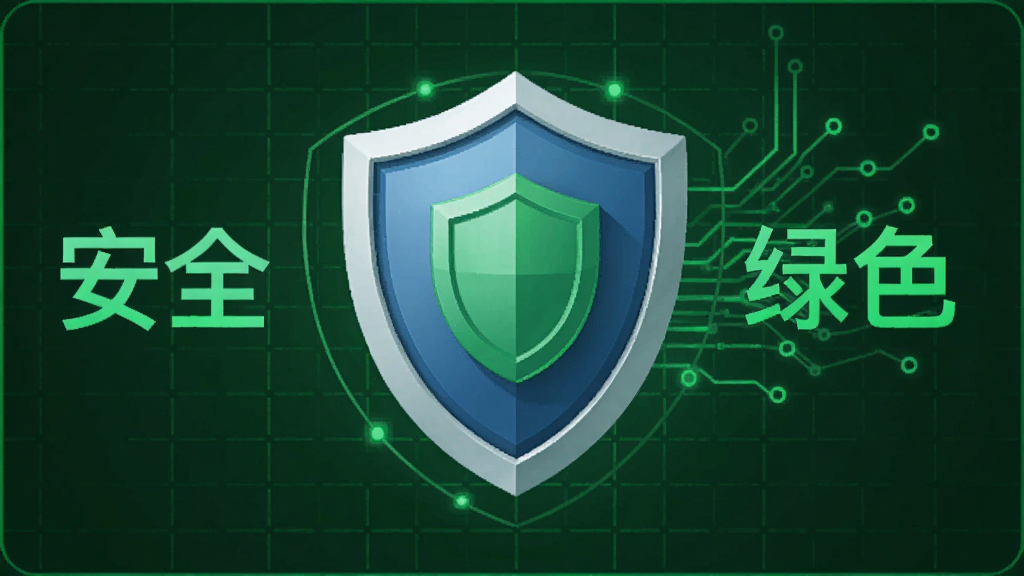 香克拉安全盾牌图标,背景为绿色网格,象征防护与信任,界面简洁,带有“安全”、“绿色”字样,风格科技感,画面干净,无多余元素