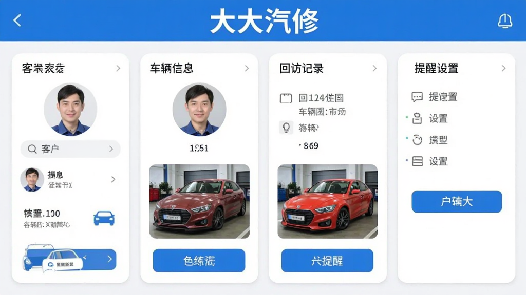 大大汽修客户管理界面,展示客户列表、车辆信息、回访记录和提醒设置,界面采用卡片式设计,配有客户头像和车辆图片,蓝色按钮突出,整体简洁友好,顶部有“大大汽修”字样。