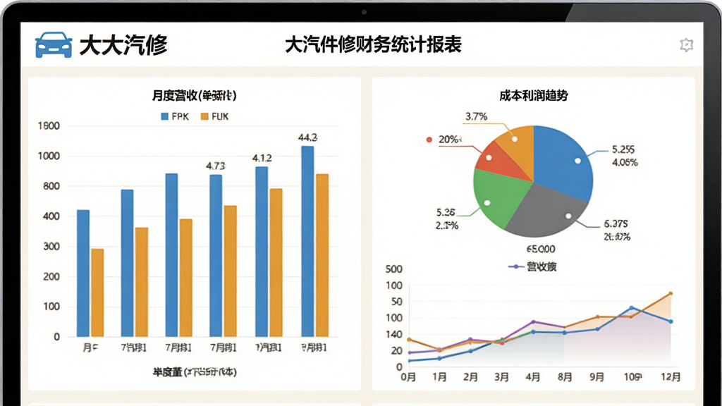 大大汽修财务统计报表页面,包含柱状图、饼图和营收趋势线,展示月度营收、成本、利润数据,界面背景为浅色,图表色彩丰富,顶部有“大大汽修”logo和报表标题,画质高清。