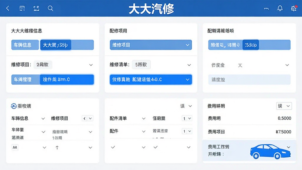 大大汽修软件工单管理界面截图,展示一张维修工单的详细内容,包含车辆信息、维修项目、配件清单和费用明细,界面采用卡片式布局,蓝色高亮显示关键字段,整体干净专业,顶部有“大大汽修”字样。