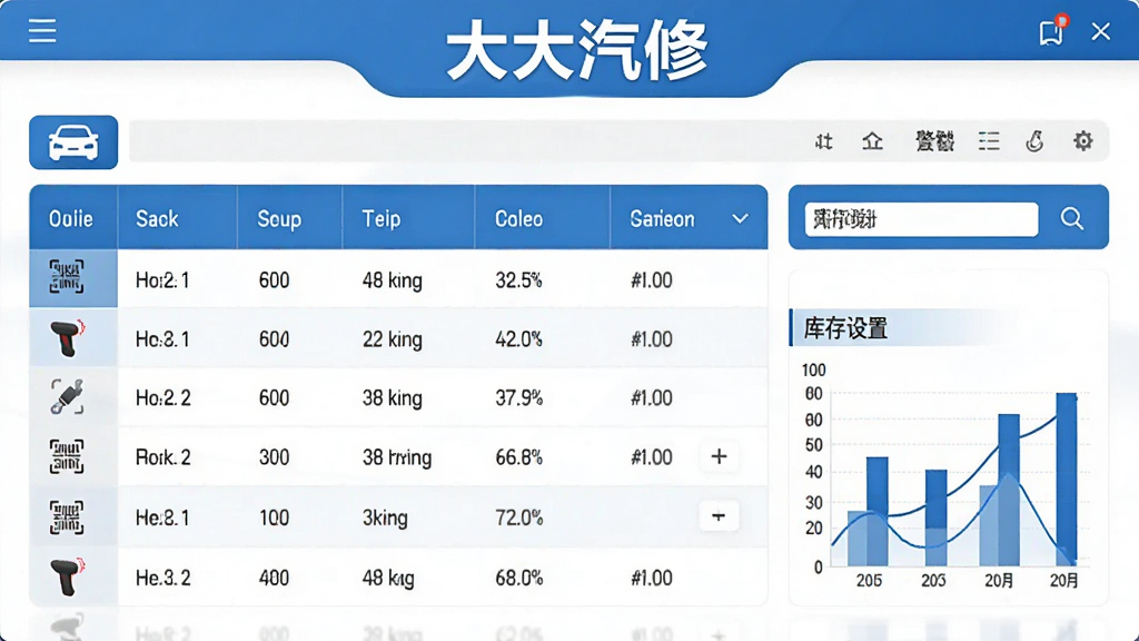 大大汽修配件库存管理界面,展示配件列表、库存数量、预警线设置,界面以表格形式呈现,配有扫码图标和库存图表,整体风格清爽,蓝色点缀,顶部有“大大汽修”品牌标识。
