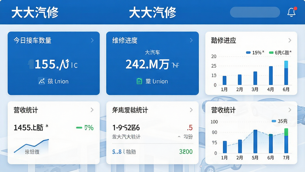 一张展示大大汽修软件主界面的高清截图,界面包含今日接车数量、维修进度、营收统计等核心数据卡片,整体风格简洁现代,以蓝色为主色调,布局清晰,文字标签“大大汽修”显示在顶部,画质细腻,干净无多余元素。
