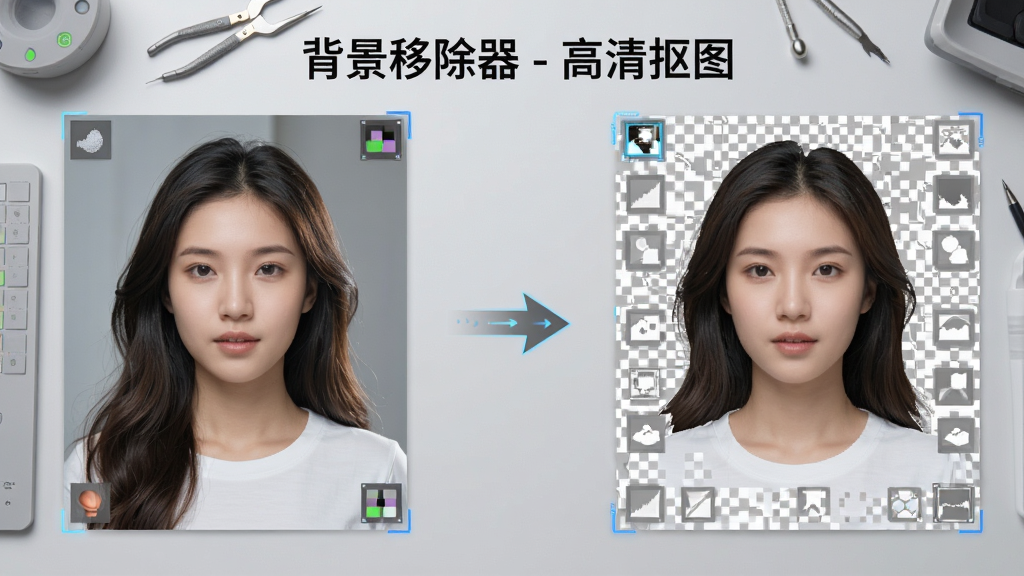 展示“背景移除器 - 高清抠图”AI识别过程的示意图,左侧为原始人物照片,右侧为抠出的人物透明背景图,中间有箭头连接,背景为浅灰色工作台,布局左右对比,排版清晰,风格科技感,细节包括边缘发丝清晰可见,画质高清,干净无多余元素。