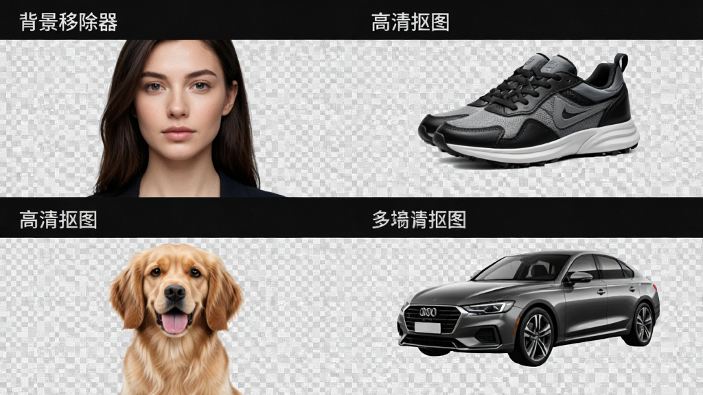 展示“背景移除器 - 高清抠图”的多场景应用,画面分为四个小格子,分别显示人像、鞋子、宠物、汽车抠图后的透明背景效果,布局网格排列,排版整齐,风格简洁,细节每个格子标注场景名称,画质高清,干净无多余元素。