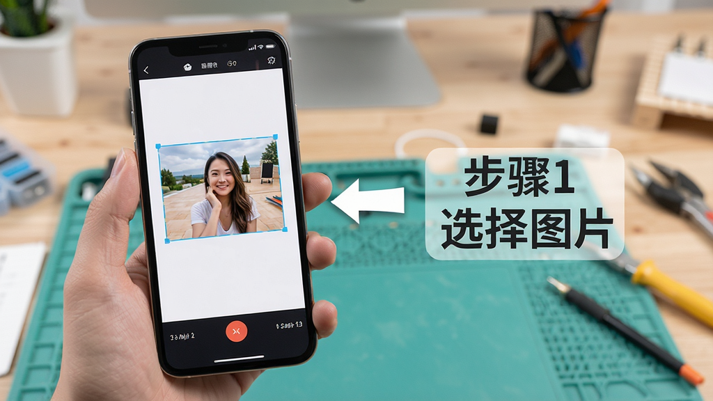 展示“背景移除器 - 高清抠图”在手机上运行的教程场景,手机屏幕显示软件操作步骤截图,旁边有文字标注“步骤1选择图片”,背景为工作台,布局清晰,排版教程风格,风格简洁,细节有箭头指示,画质高清,干净无多余元素。