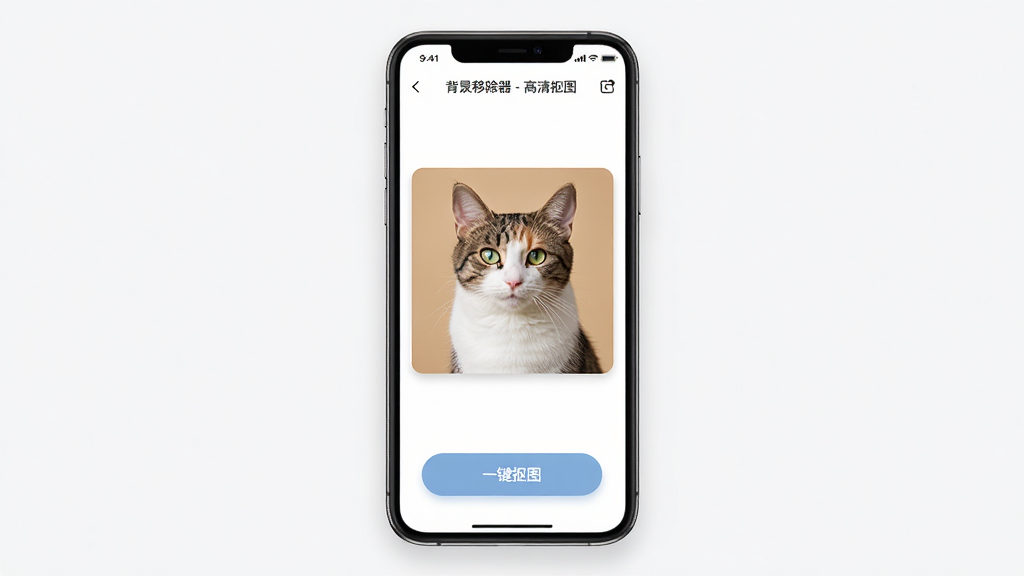 展示“背景移除器 - 高清抠图”在手机屏幕上运行的界面,主体为软件主界面,中央显示一张待处理的猫咪照片,背景为纯色,界面下方有“一键抠图”按钮,布局简洁现代,排版清晰,风格清新明快,细节包括圆角卡片、柔和阴影,画质高清,干净无多余元素。