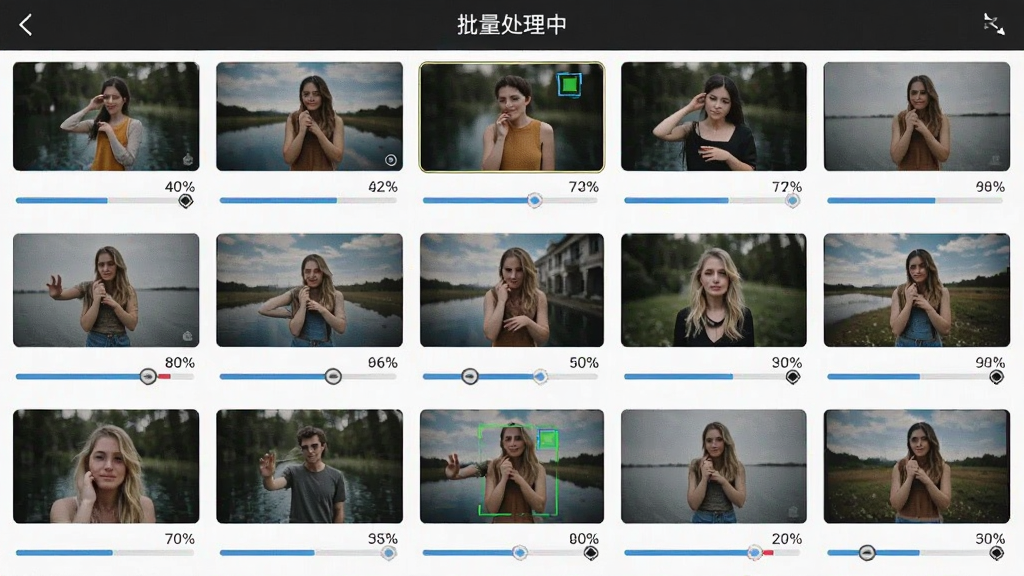 展示“背景移除器 - 高清抠图”批量处理界面,手机屏幕中显示多张图片缩略图网格,每张图片下方有进度条,界面顶部显示“批量处理中”,布局网格,排版紧凑,风格实用,细节进度条显示百分比,画质高清,干净无多余元素。
