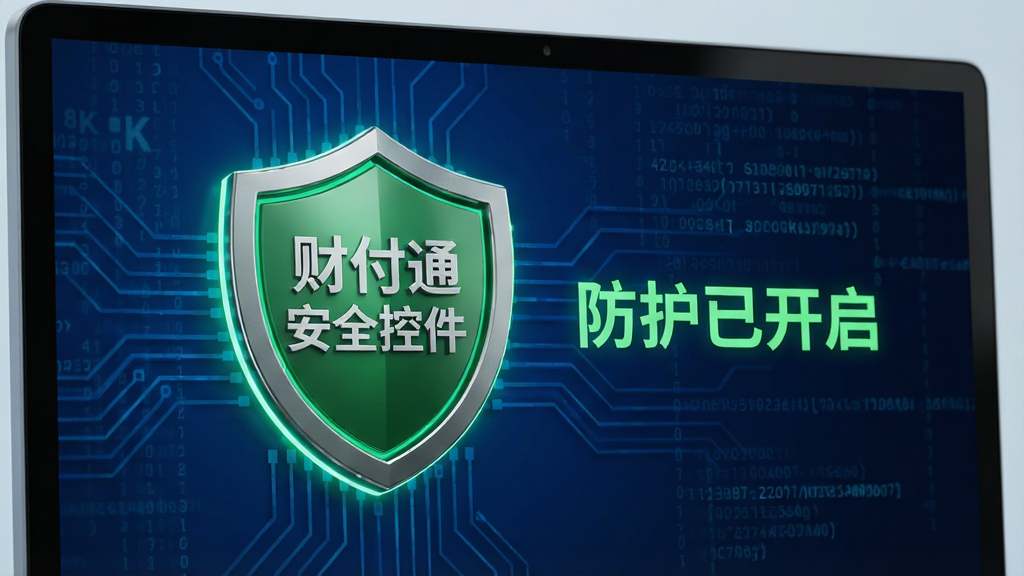 主体:财付通安全控件在电脑屏幕上显示的防护界面,界面中央有一个绿色盾牌图标,盾牌上写着“财付通安全控件”六个字。布局:盾牌位于画面中央偏左,右侧有“防护已开启”的绿色字样,背景为深蓝色科技感电路板纹理。排版:盾牌图标占视觉中心,文字信息简洁排列在右侧。风格:写实3D渲染风格,光线柔和,色彩鲜明。细节:盾牌表面有细腻的金属质感,边缘有发光效果,背景有微弱的数字代码流动。画质:8K超高清,干净,无多余元素。