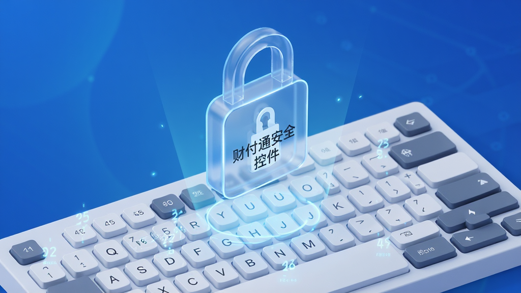 主体:财付通安全控件的键盘加密功能示意图,画面显示一个键盘特写,键盘上方悬浮着一个透明的加密锁图标,锁上写着“财付通安全控件”。布局:键盘位于画面下方,加密锁悬浮在键盘中央上方。排版:键盘斜向放置,加密锁居中,背景为渐变蓝色科技感。风格:扁平化结合3D渲染风格,简洁明快。细节:键盘按键上有微弱的数字跳动,加密锁有发光轮廓,背景有轻微的光晕效果。画质:高清,干净,无多余元素。