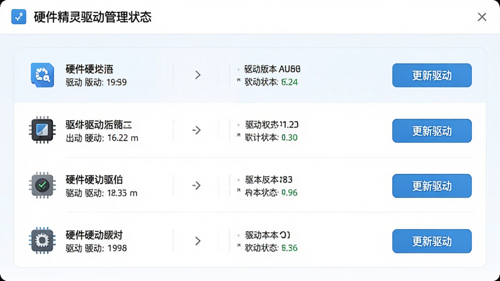 一张硬件精灵驱动管理功能界面,画面中列出多个硬件设备名称及驱动版本状态,旁边有“更新驱动”按钮,界面采用清爽的浅色系,信息排列整齐,画质高清,干净无多余元素。