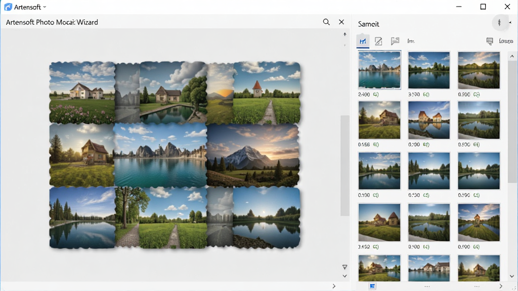 Artensoft Photo Mosaic Wizard整体界面预览图,主界面展示拼图预览窗口和素材库,布局简洁,风格现代,细节清晰,画质干净,无多余元素
