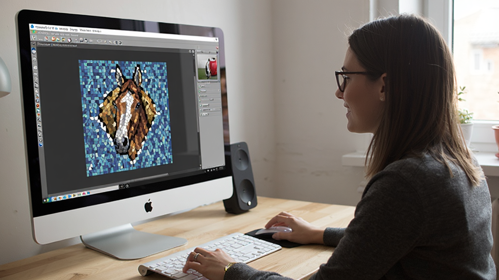 Artensoft Photo Mosaic Wizard使用教程场景图,展示用户正在电脑前操作软件,屏幕上是马赛克拼图界面,布局自然,风格写实,细节清晰,画质干净,无多余元素