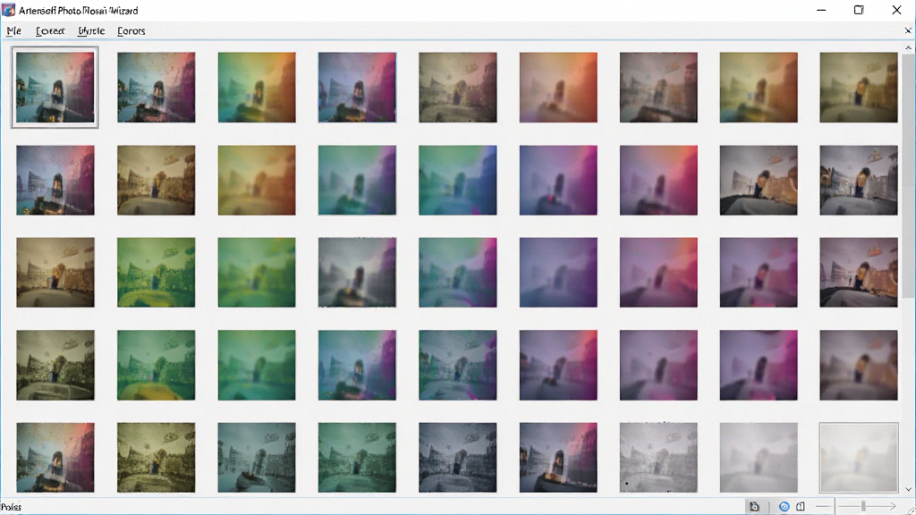 Artensoft Photo Mosaic Wizard智能色彩匹配功能特写,展示软件将多张缩略图按色彩梯度排列,主体为软件工作界面,布局清晰,风格简洁,细节丰富,画质干净,无多余元素