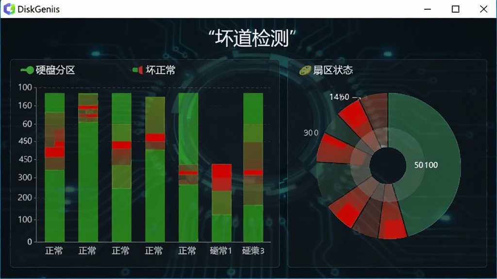 主体为DiskGenius(硬盘分区)软件坏道检测结果图表,布局显示柱状图和扇区状态,排版清晰,风格科技感,细节包含绿色正常区域和红色坏道标记,画质高清,界面文字