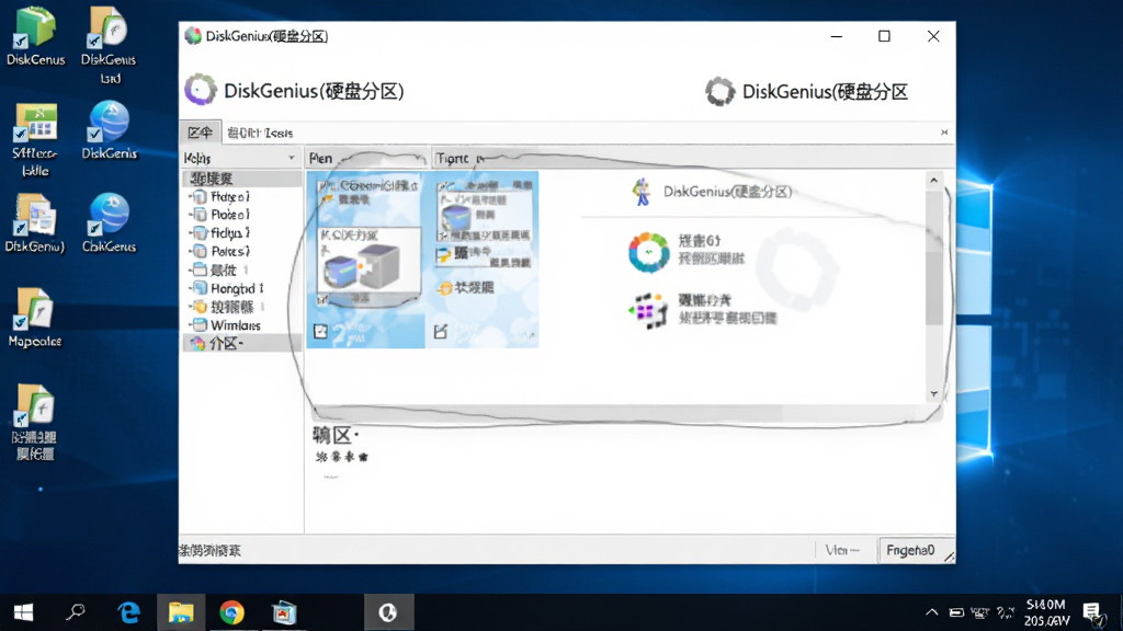 主体为DiskGenius(硬盘分区)软件运行在Windows桌面上的截图,布局显示软件窗口和任务栏,排版自然,风格真实,细节包含桌面图标和软件界面,画质高清,界面文字