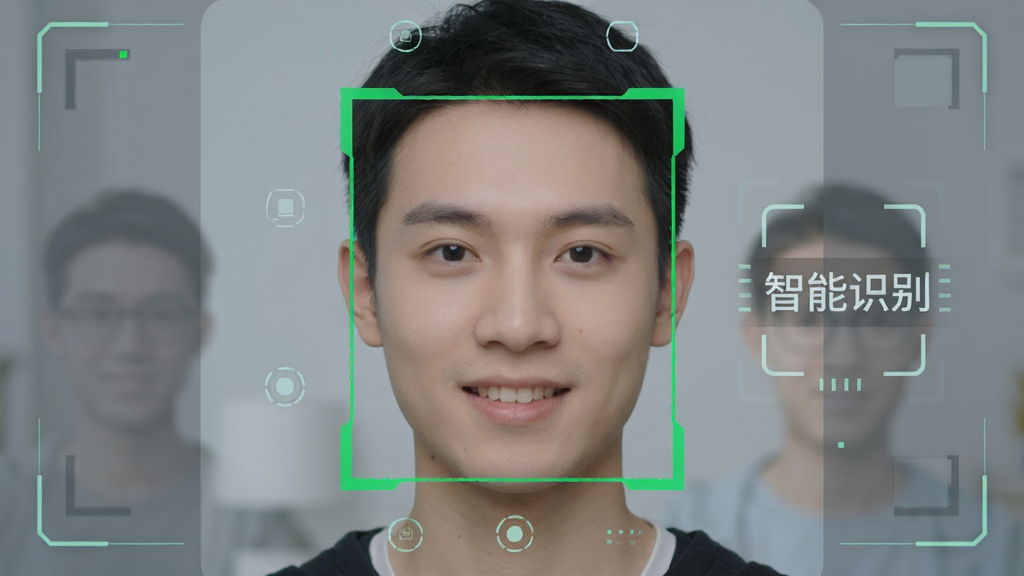 照片卡通化软件智能人脸识别功能演示,画面中显示一张人物照片,面部被绿色框线标记,边缘分割线清晰,背景半透明处理,界面标注“智能识别”字样,科技感风格,画质干净,无多余元素
