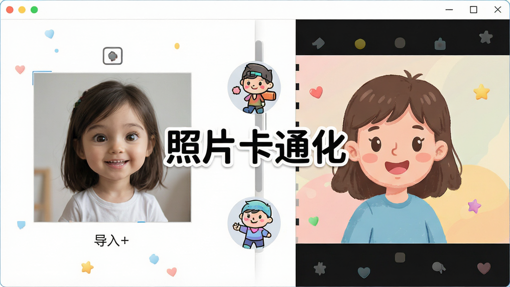 照片卡通化软件主界面展示,左侧为原始照片导入区,右侧为风格效果预览区,中间显示“照片卡通化”软件名称,界面简洁明亮,卡通风格图标点缀,整体布局清晰,画质细腻,干净无多余元素