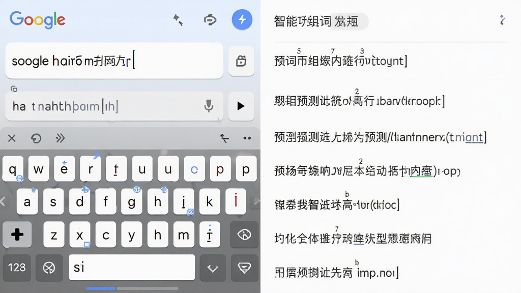 主体:谷歌拼音输入法的智能组词功能演示。布局:左侧为输入拼音序列,右侧显示对应的候选词语。排版:干净清爽的界面。风格:扁平化设计。细节:候选词中包括长句预测,文字清晰。画质:高清,干净,无多余元素。