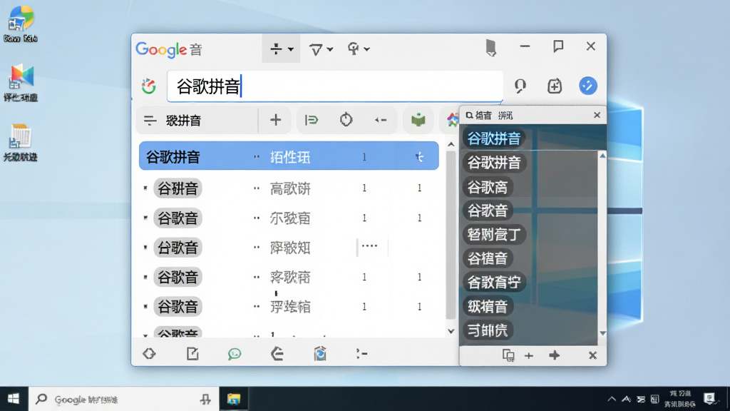 主体:谷歌拼音输入法的界面截图,显示输入状态栏和候选词窗口。布局:画面中央展示输入法主界面,背景为干净的Windows桌面。排版:界面清晰,候选词列表排列整齐。风格:现代简约,色彩柔和。细节:输入框内有“谷歌拼音”字样,候选词高亮显示。画质:高清,干净,无多余元素。