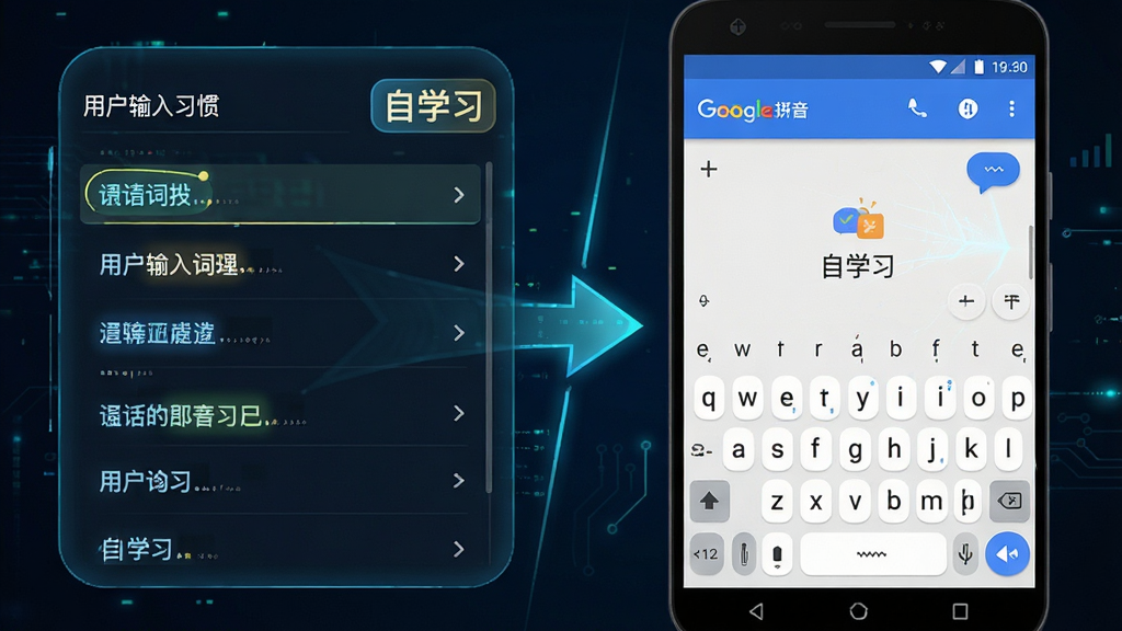 主体:谷歌拼音输入法的自学习功能示意。布局:左边是用户输入习惯的词汇列表,右边是输入法界面。排版:对比鲜明。风格:科技感。细节:显示“自学习”标签,词汇高亮。画质:高清,干净,无多余元素。