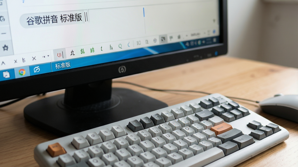 主体:谷歌拼音输入法在电脑上使用的场景。布局:电脑屏幕显示输入法状态栏,键盘特写。排版:自然。风格:写实。细节:屏幕上有“谷歌拼音 标准版”字样。画质:高清,干净,无多余元素。