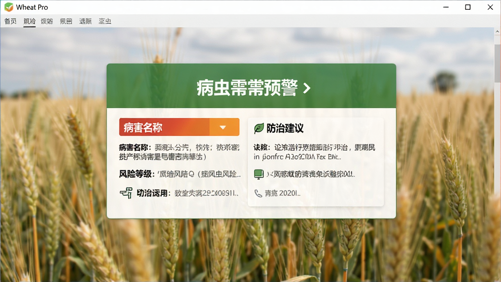 Wheat Pro软件预警通知界面截图,屏幕中央显示一条醒目的病虫害预警卡片,背景为模糊化的小麦田照片,卡片上包含病害名称、风险等级和防治建议文字,界面设计专业,色彩对比鲜明,画质清晰,无多余元素