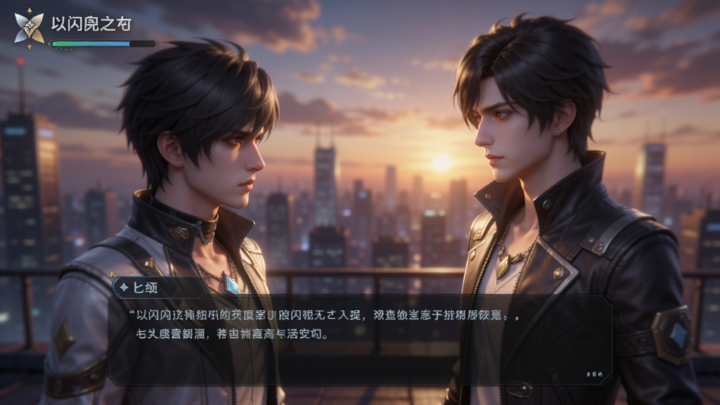 展示《以闪亮之名》游戏剧情对话场景,男女主角在摩天大楼的天台对峙,背景是绚烂的晚霞和城市天际线。画面采用电影化构图,运用了景深效果突出人物表情。风格为游戏剧情CG插画,光影层次丰富,画质精美,具有故事感。