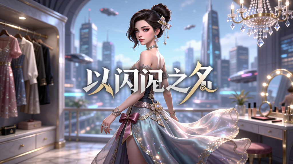 画面中央展示《以闪亮之名》游戏LOGO,背景是充满未来感的时尚都市,一位身着华丽高定礼服、妆容精致的女性角色侧身回眸,裙摆飘逸灵动。画面采用游戏内三渲二风格,光影通透,色彩明亮鲜艳。布局上角色居中,四周环绕着衣橱、化妆台、水晶吊灯等时尚元素。整体画质高清细腻,干净无多余杂物,突出时尚、优雅与梦幻的氛围。