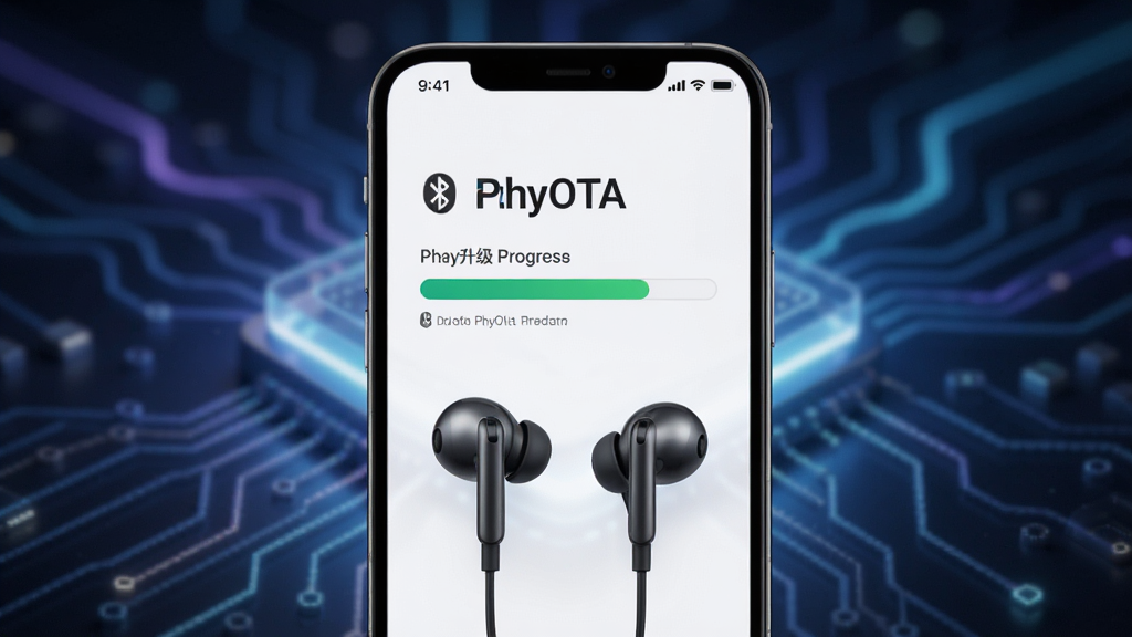 PhyOTA应用界面显示固件升级进度条,手机连接蓝牙耳机,背景为科技感光效,画面主体为手机与耳机,布局居中,风格简约现代,细节清晰,画质干净,无多余元素