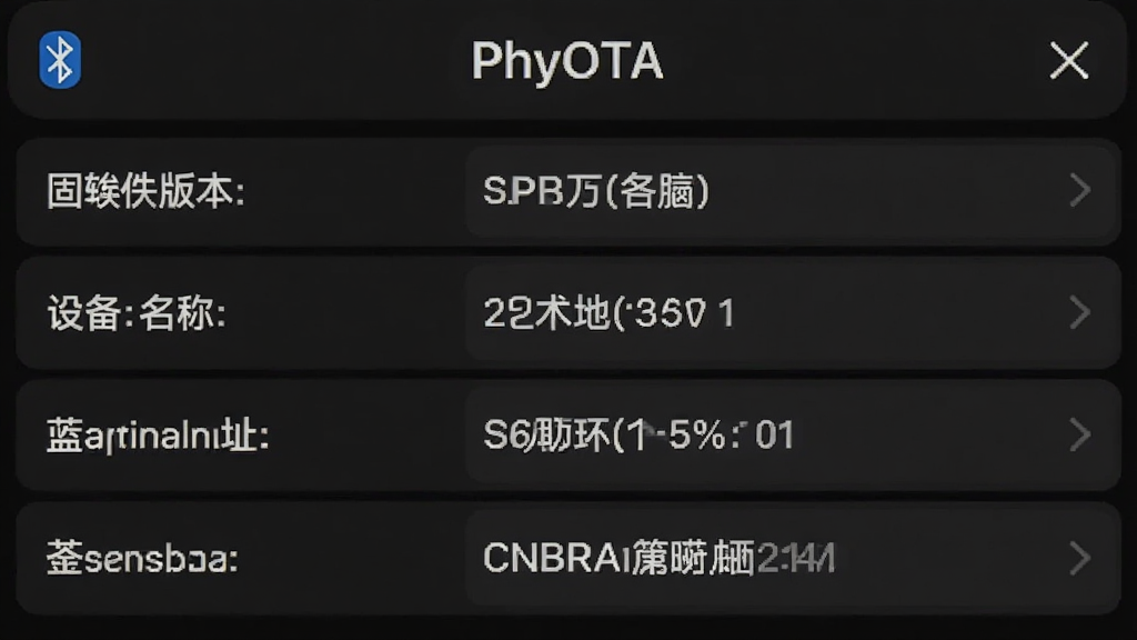 PhyOTA应用显示蓝牙设备详情页,包含固件版本号、设备名称、蓝牙地址等字段,界面以列表形式呈现,背景为深色模式,画质清晰,无多余元素