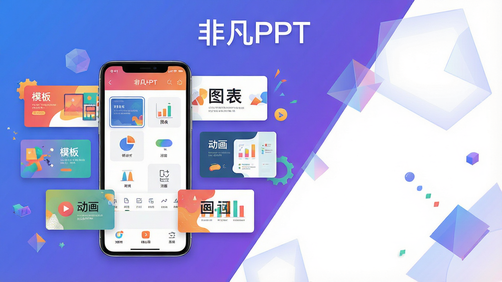 主体:一部智能手机屏幕显示非凡PPT应用界面,周围漂浮着多种彩色PPT缩略图与设计元素。布局:手机居中偏左,右侧留白区域用半透明几何图形环绕,整体呈对角线构图。排版:主标题“非凡PPT”置于画面顶部中央,下方排列三张不同风格的幻灯片小样。风格:扁平化插画与科技感结合,色彩明快,背景为渐变蓝紫色。细节:手机界面中可见模板选择、图表插入、动画设置等图标,缩略图上标有“模板”、“图表”、“动画”字样。画质:高清渲染,干净,无多余元素。