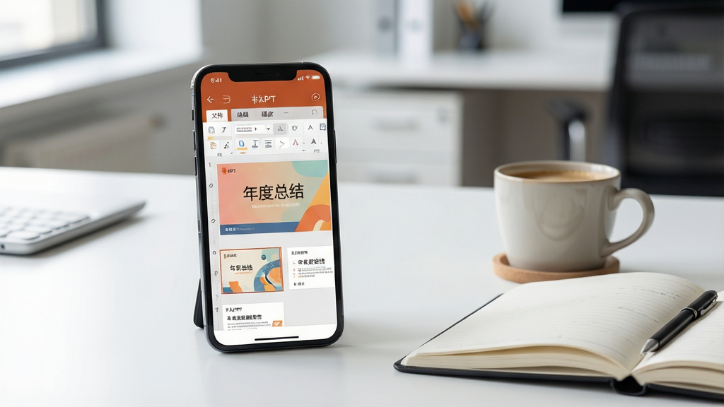 主体:一张整洁的办公桌,桌面上放着一部手机,屏幕显示非凡PPT的编辑界面,旁边有一杯咖啡和一本笔记本。布局:手机位于画面中央偏左,右侧摆放笔记本与咖啡,形成稳定三角构图。排版:手机界面中可见工具栏、幻灯片缩略图,上方有“文件”、“编辑”、“播放”等标签。风格:写实摄影风格,自然光,浅景深,背景为简约办公室。细节:手机屏幕上有一张正在制作的幻灯片,内容为“年度总结”标题,色彩搭配和谐。画质:高清,干净,无多余元素。