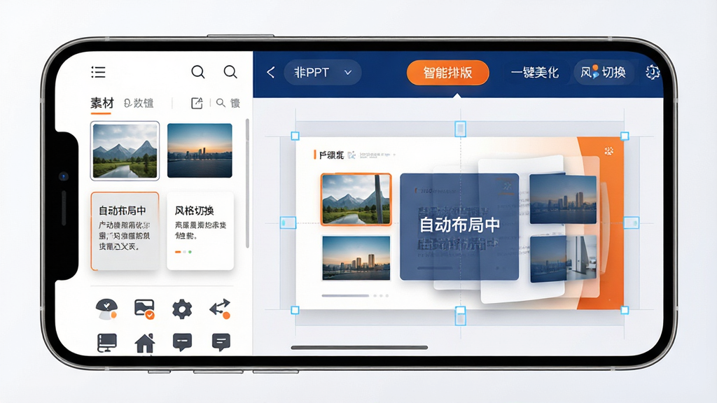 主体:智能手机横屏显示非凡PPT的智能排版操作界面,左侧为素材栏,右侧为实时预览画布。布局:界面采用左右分栏式,素材栏中排列着图片、文字块和图标,画布中一张幻灯片正在自动重排。排版:顶部显示“智能排版”功能按钮,下方有“一键美化”、“风格切换”等选项,幻灯片上标注“自动布局中”字样。风格:商务简约风,主色调为白色与深蓝,辅以橙色高亮。细节:画布四周有半透明的对齐参考线,素材卡片带阴影效果,整体界面清晰干净。画质:高清,明亮,无多余元素。