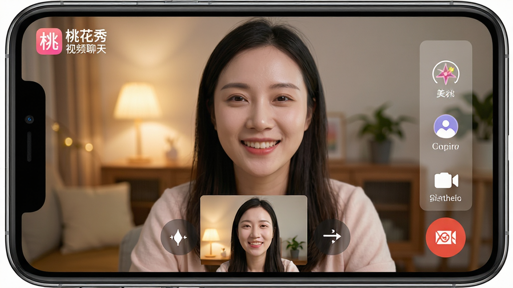 主体:手机屏幕上的桃花秀视频聊天高清视频通话界面。布局:屏幕上方为对方视频画面,下方为本人的小窗口,右侧竖排着美颜、滤镜、翻转摄像头等工具图标。排版:视频画面占屏幕大部分,功能图标半透明悬浮显示,不遮挡主体。风格:真实、清晰、现代科技感。细节:画面中的女性用户面带微笑,背景是温馨的房间,屏幕角落有“桃花秀视频聊天”的logo,画质细腻,色彩自然。画质:高清,干净,无多余元素。
