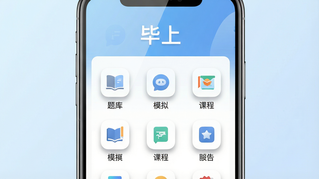 主体:手机屏幕展示毕上app主界面,界面顶部有“毕上”字样,下方为功能图标列表,如“题库”、“模拟”、“课程”等。布局:手机居中,屏幕内容清晰可见,背景为淡蓝色渐变。排版:简洁扁平化设计,图标排列整齐。风格:现代科技感,明亮通透。细节:屏幕反射柔和光线,图标有细微阴影。画质:超清,干净,无多余元素。