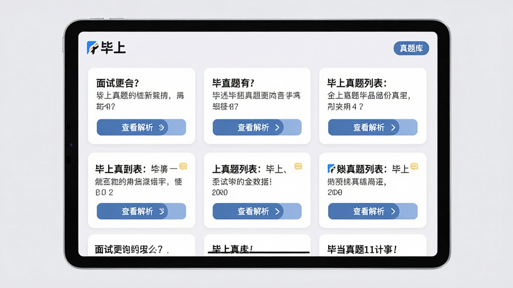 主体:平板电脑展示毕上真题列表页面,页面显示多道面试题目,每道题下方有“查看解析”按钮。布局:平板横放,屏幕占据画面主体,背景为浅灰色。排版:题目以卡片形式排列,清晰易读。风格:教育类app界面,干净整洁。细节:页面左上角有“毕上”logo,右上角显示“真题库”标签。画质:高清,无多余元素。