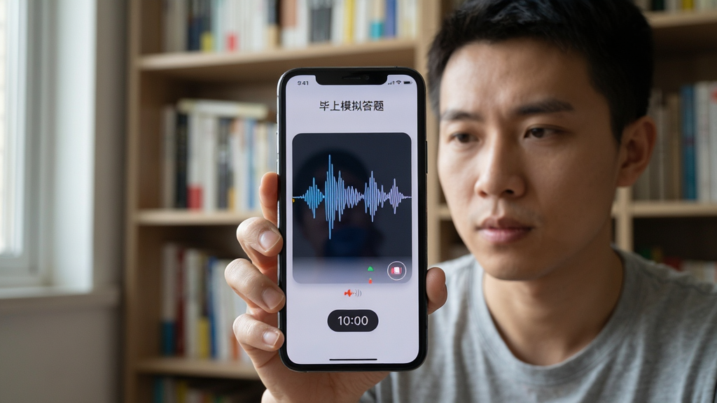 主体:用户手持手机进行模拟面试答题,屏幕显示录音波形和计时器。布局:手机位于画面中央,背景为书房书架。排版:界面简洁,波形图动态显示。风格:写实生活照风格。细节:手机屏幕上有“毕上模拟答题”字样,用户表情专注。画质:清晰,自然光,无多余元素。