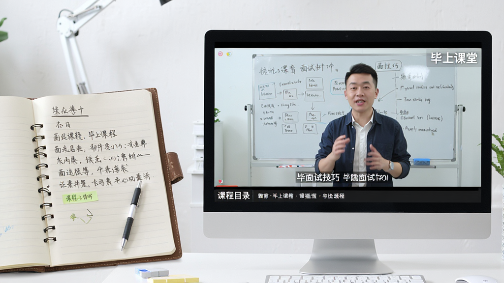 主体:电脑屏幕播放毕上课程视频,讲师正在讲解面试技巧,屏幕下方有课程目录。布局:电脑位于画面右侧,左侧为笔记区域。排版:视频画面清晰,字幕同步显示。风格:在线教育课堂风格。细节:视频右上角有“毕上课堂”水印,讲师身后有白板。画质:高清,明亮,无多余元素。