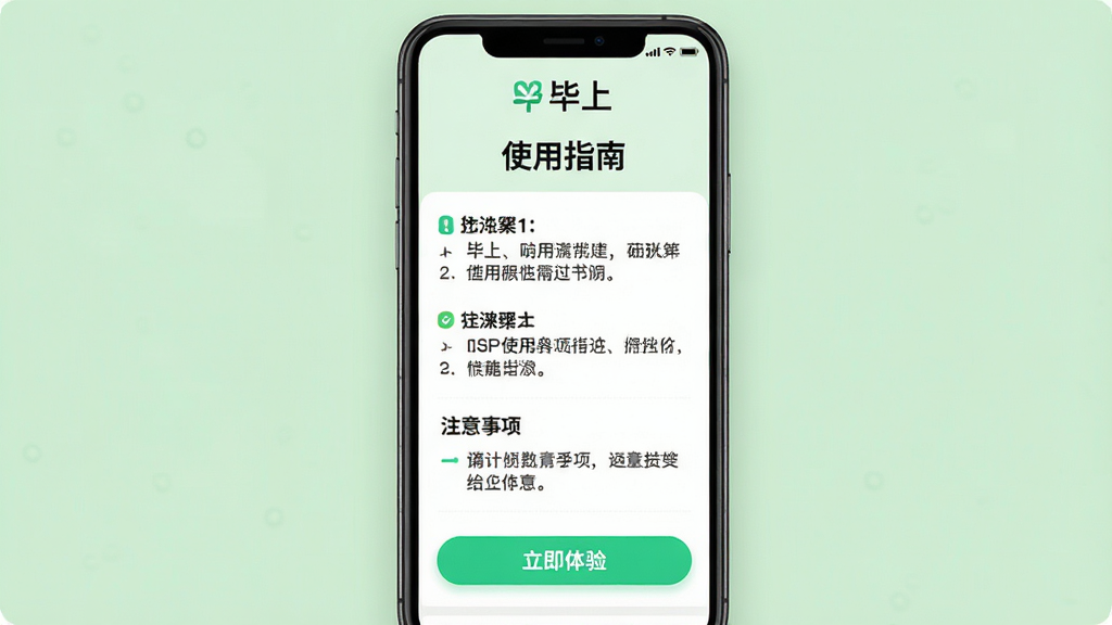 主体:手机屏幕显示毕上使用指南页面,页面有步骤说明和注意事项,手机下方有“立即体验”按钮。布局:手机居中,背景为浅绿色。排版:文字分条列出,清晰有条理。风格:教程风格,简洁明了。细节:屏幕上有“毕上”logo和“使用指南”标题。画质:超清,干净,无多余元素。