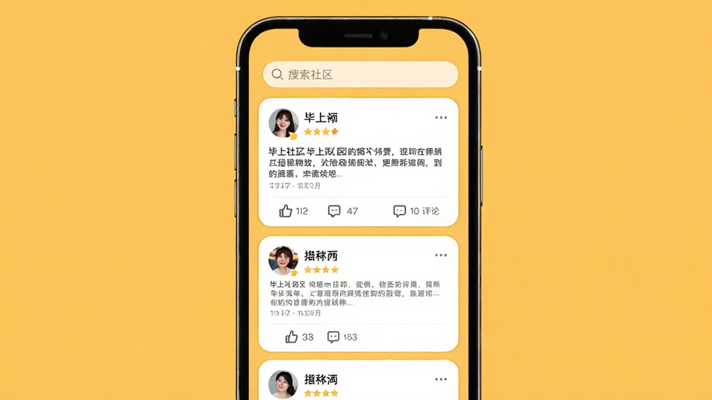 主体:手机展示毕上社区页面,帖子列表包含用户头像、昵称和内容摘要。布局:手机竖屏居中,背景为暖黄色。排版:信息流形式,卡片式设计。风格:社交app风格,活泼亲切。细节:帖子下方有点赞和评论图标,顶部有搜索栏。画质:干净,无多余元素。