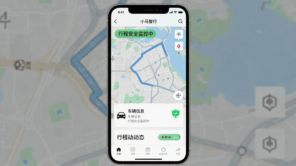 一张竖向的手机截图样式图片,主体是“小马智行”App的订单详情页,布局清晰显示地图路线、车辆信息与行程动态卡片,风格扁平化设计,细节包含“行程安全监控中”的绿色标签,画面干净,无多余元素,画质高清