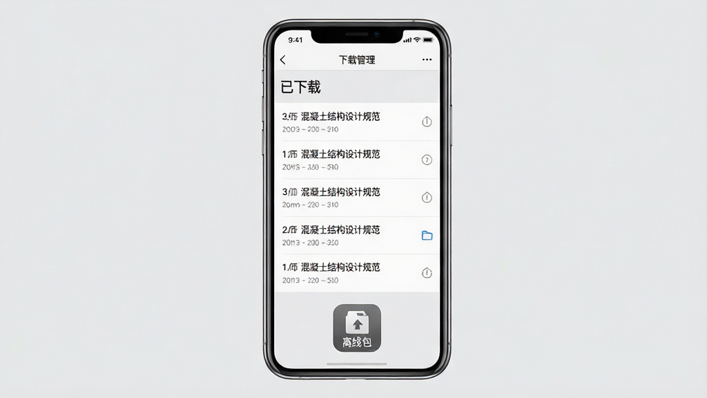 主体:图创建筑规范离线下载功能界面,手机屏幕显示下载管理页面。布局:手机居中,屏幕显示“已下载”列表,背景为浅灰色。排版:手机直立,屏幕内容清晰,下方有“离线包”图标。风格:简洁商务风,色彩以灰白为主,细节:列表中显示“混凝土结构设计规范”等,画质:高清,干净,无多余元素。