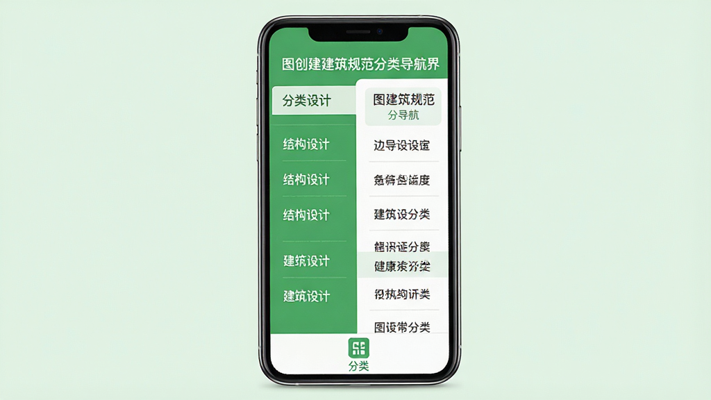 主体:图创建筑规范分类导航界面,屏幕显示左侧分类栏和右侧内容列表。布局:手机居中,屏幕左侧为分类,右侧为规范列表,背景为浅绿色。排版:手机直立,屏幕内容清晰,下方有“分类”图标。风格:清爽简洁,色彩以绿白为主,细节:分类栏显示“建筑设计”“结构设计”等,画质:高清,干净。