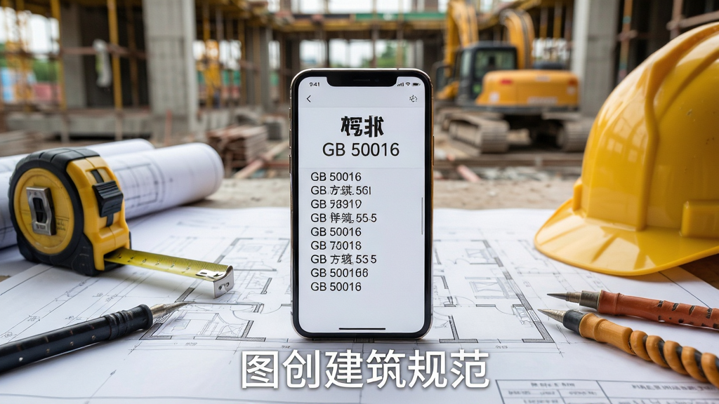 主体:图创建筑规范使用场景图,手机放在建筑图纸上。布局:手机居中,周围有卷尺、安全帽等工具,背景为工地现场。排版:手机平放,屏幕显示规范条目,下方有“图创建筑规范”水印。风格:写实摄影风,色彩自然,细节:屏幕中显示“GB 50016”等字样,画质:高清,干净,无多余元素。