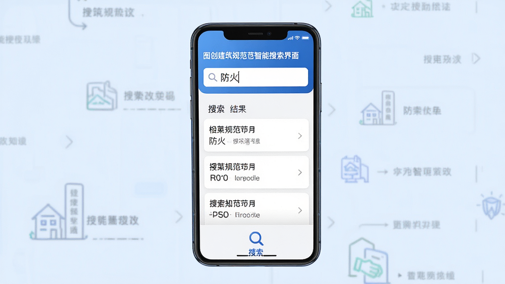 主体:图创建筑规范智能搜索界面,屏幕显示搜索框和搜索结果。布局:手机居中,屏幕上方为搜索框,下方为结果列表,背景为淡蓝色。排版:手机直立,屏幕内容清晰,下方有“搜索”图标。风格:现代简约,色彩以蓝白为主,细节:搜索框内输入“防火”,结果列表显示相关规范条目,画质:高清,干净。