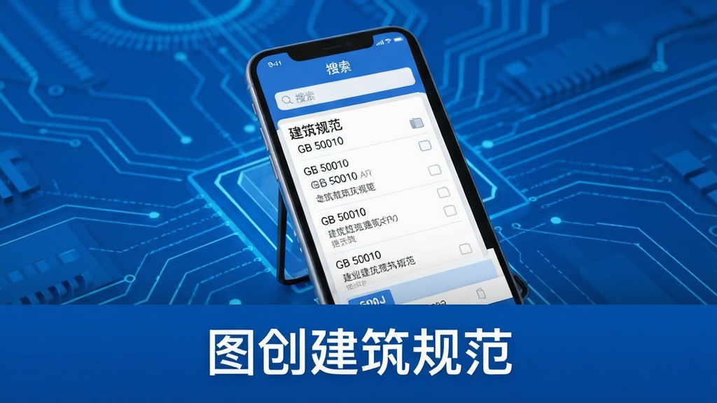 主体:图创建筑规范APP界面展示,手机屏幕显示建筑规范列表与搜索框。布局:手机居中,屏幕内容清晰可见,周围有简洁的蓝色科技感背景。排版:手机略倾斜,突出屏幕内容,下方有“图创建筑规范”字样。风格:现代扁平化,色彩以蓝白为主,细节:屏幕中显示“GB 50010”等规范编号,画质:高清渲染,干净,无多余元素。