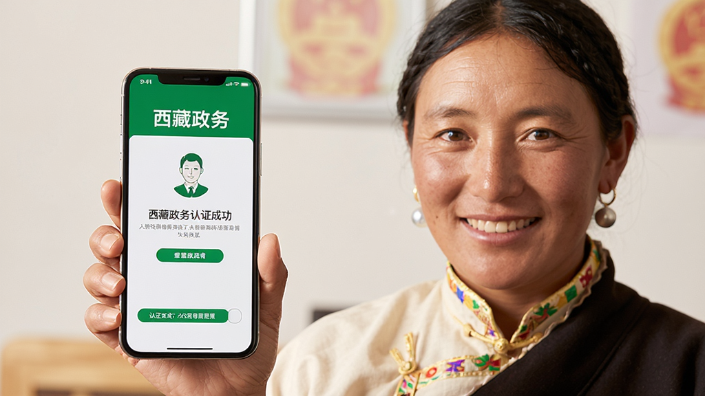 主体:一位藏族用户正在使用手机进行人脸识别认证,手机界面显示“西藏政务”认证成功页面,布局为中心构图,排版简洁,风格写实温馨,细节包括用户微笑表情与认证成功提示,画质高清干净,无多余元素
