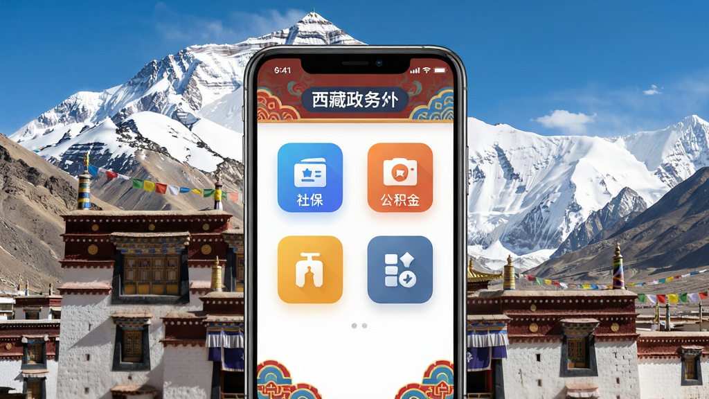 主体:西藏政务APP界面悬浮在藏式建筑与雪山背景之上,界面内显示社保、公积金等彩色功能图标,整体布局清晰,排版错落有致,风格现代简约并融入藏式色彩元素,细节处展现藏族纹样装饰,画质高清细腻干净,无多余元素