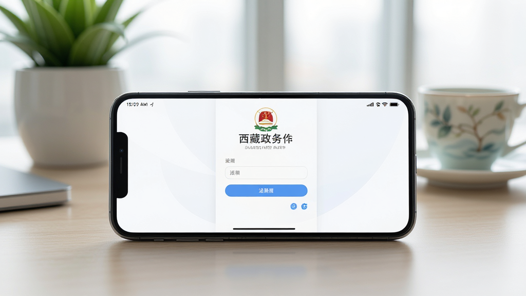 主体:一部智能手机横屏放置在办公桌上,屏幕显示西藏政务APP的登录页面,页面简洁,布局居中,风格商务现代,细节处有绿植和茶杯作为背景点缀,画质写实干净,无多余元素